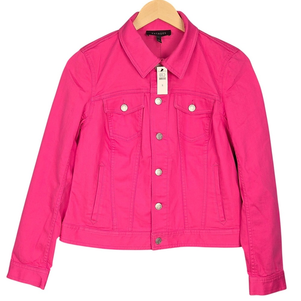 Talbots Denim Jacket Womens Small Pink Stretch Button Front Adjustable Waist NEW
